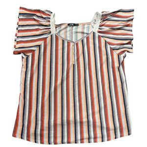 Cure Striped Flutter Sleeve Square Neck Top Plus Size 3XL Orange White Blue